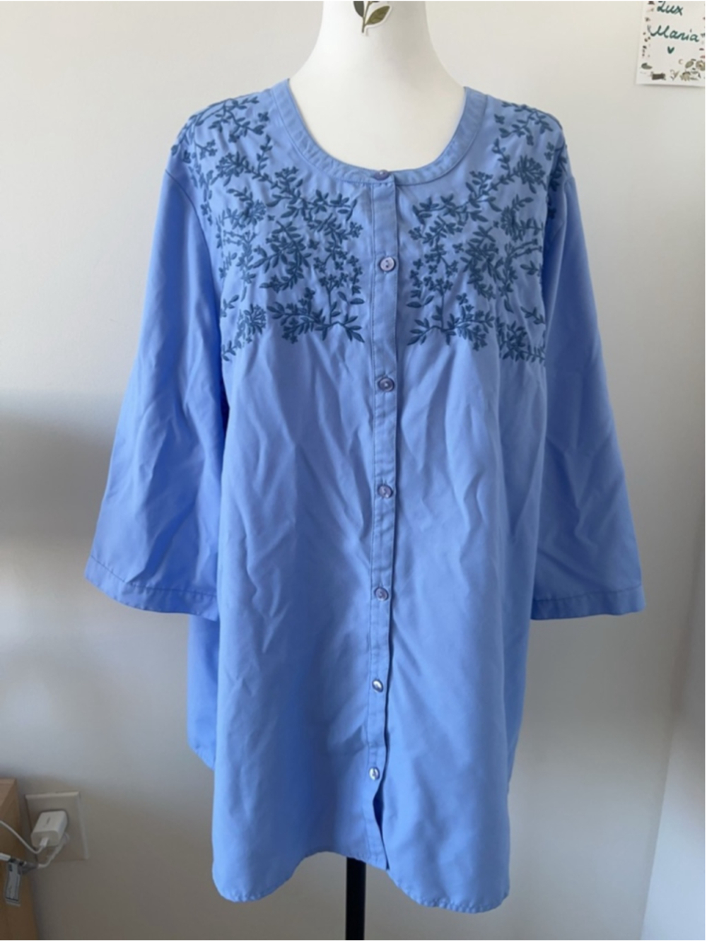 Blair Light Blue Floral Embroidered Button-Front Tunic 3XL